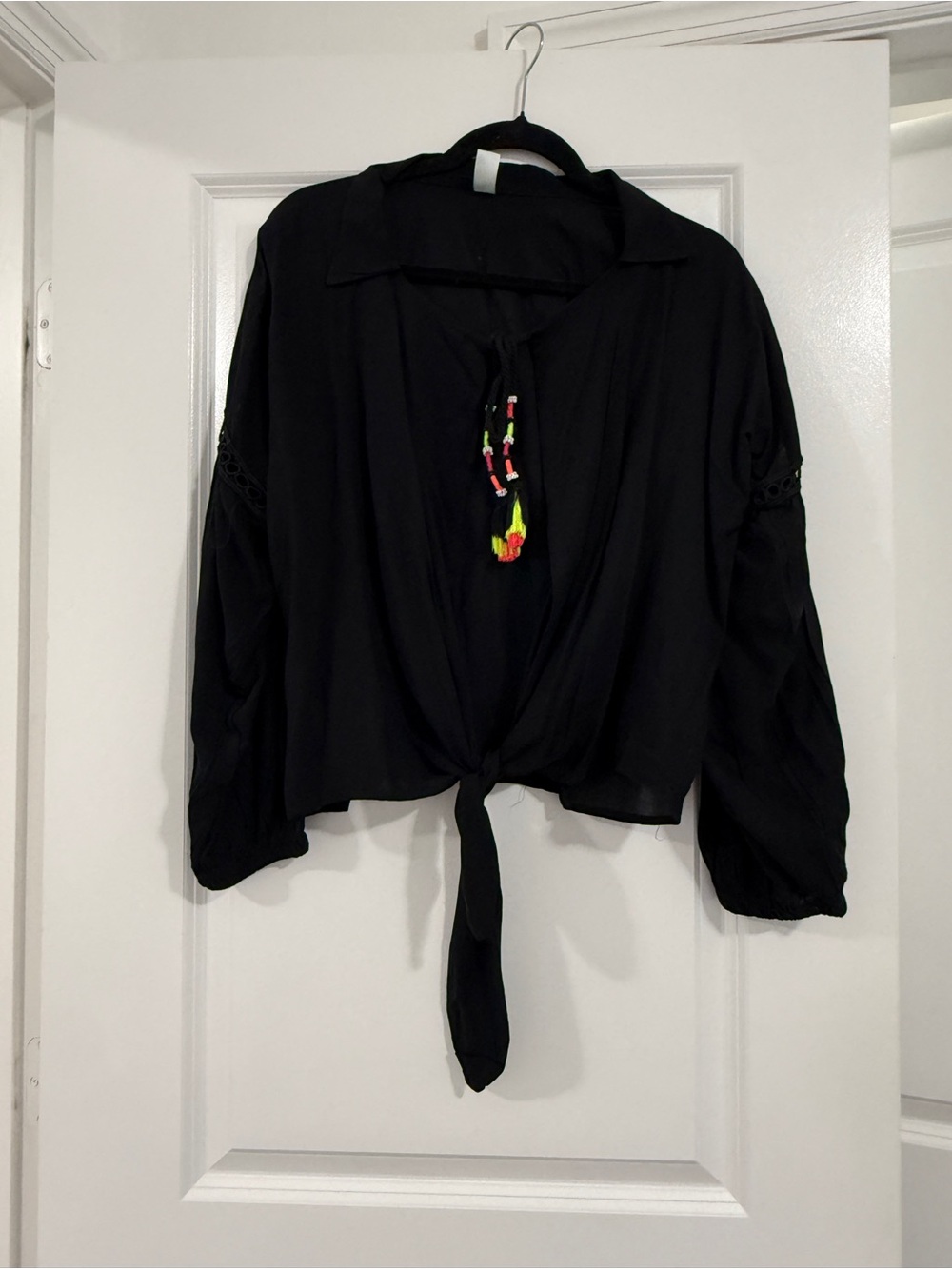 Black Tie-Front Women's Swim Coverup with Beaded Tassel